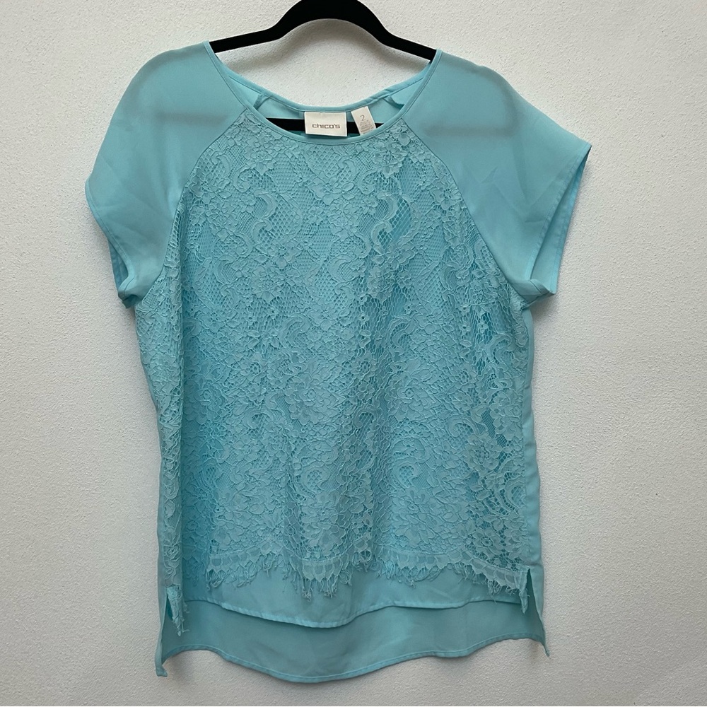 Chico's Light Blue Cap Sleeve Lace Overlay Top with Pleated Back Size 2 US L/12